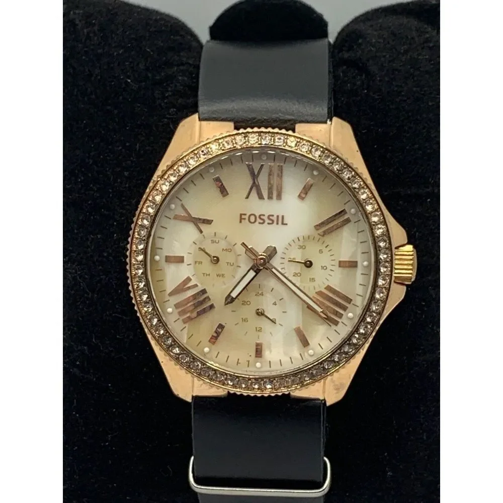 Fossil AM4616 Women's Black Leather Analog Beige Horne Dial Quartz Watch JD261